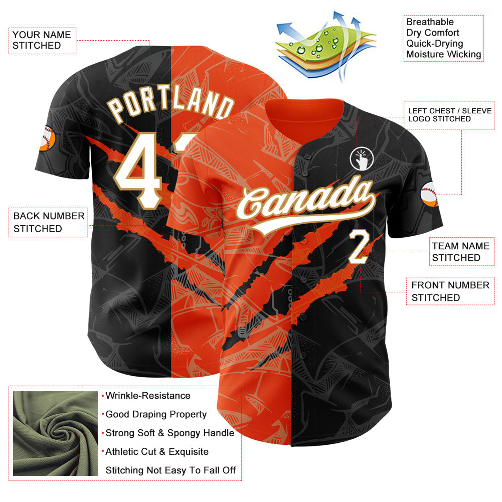 Custom Graffiti Pattern Black Orange-Old Gold 3D Scratch Authentic Baseball Jersey view 3