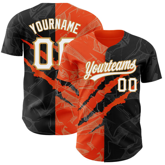Custom Graffiti Pattern Black Orange-Old Gold 3D Scratch Authentic Baseball Jersey - Main View