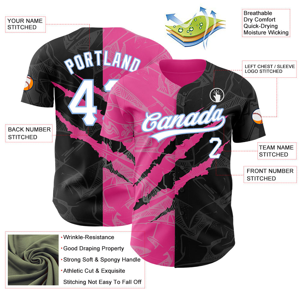 Custom Graffiti Pattern Black Pink-Light Blue 3D Scratch Authentic Baseball Jersey view 3
