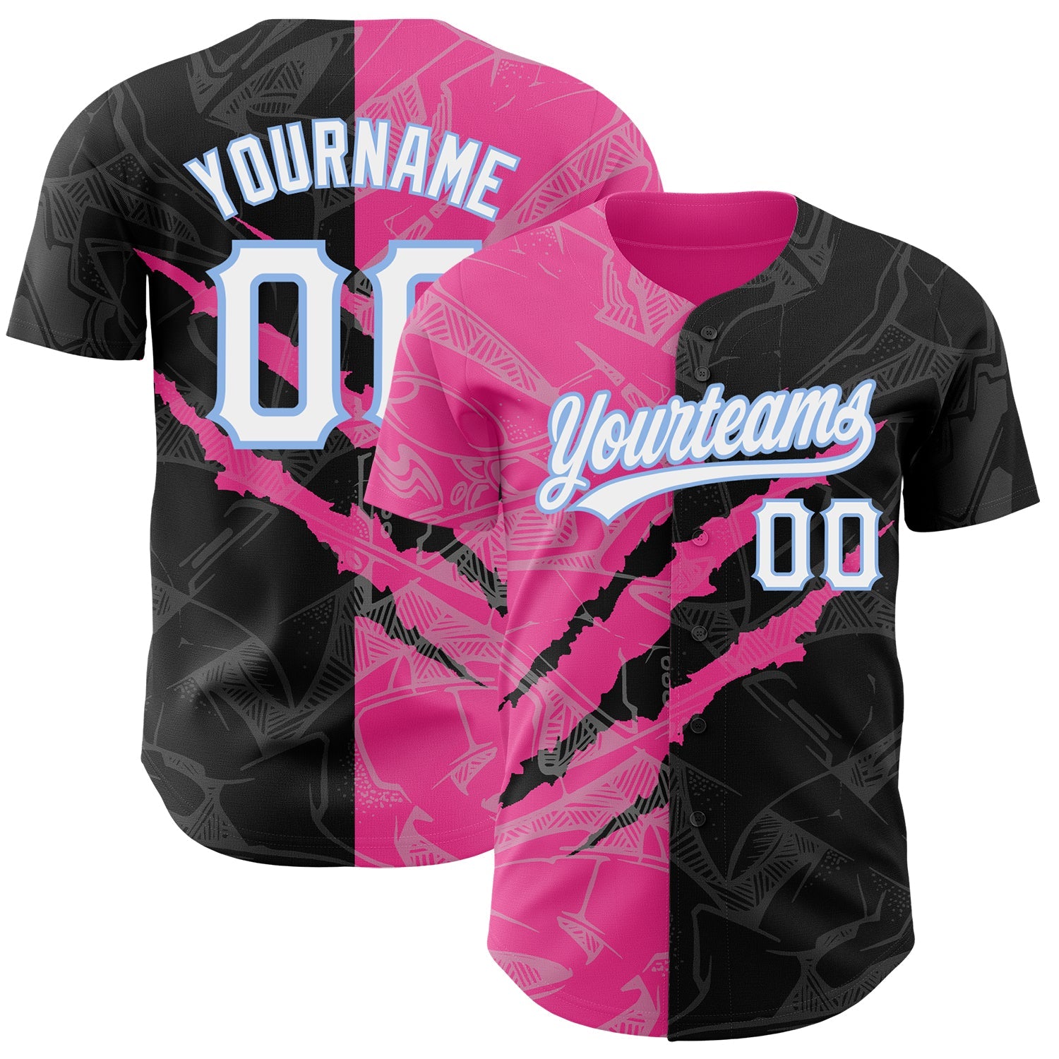 Custom Graffiti Pattern Black Pink-Light Blue 3D Scratch Authentic Baseball Jersey - Main View