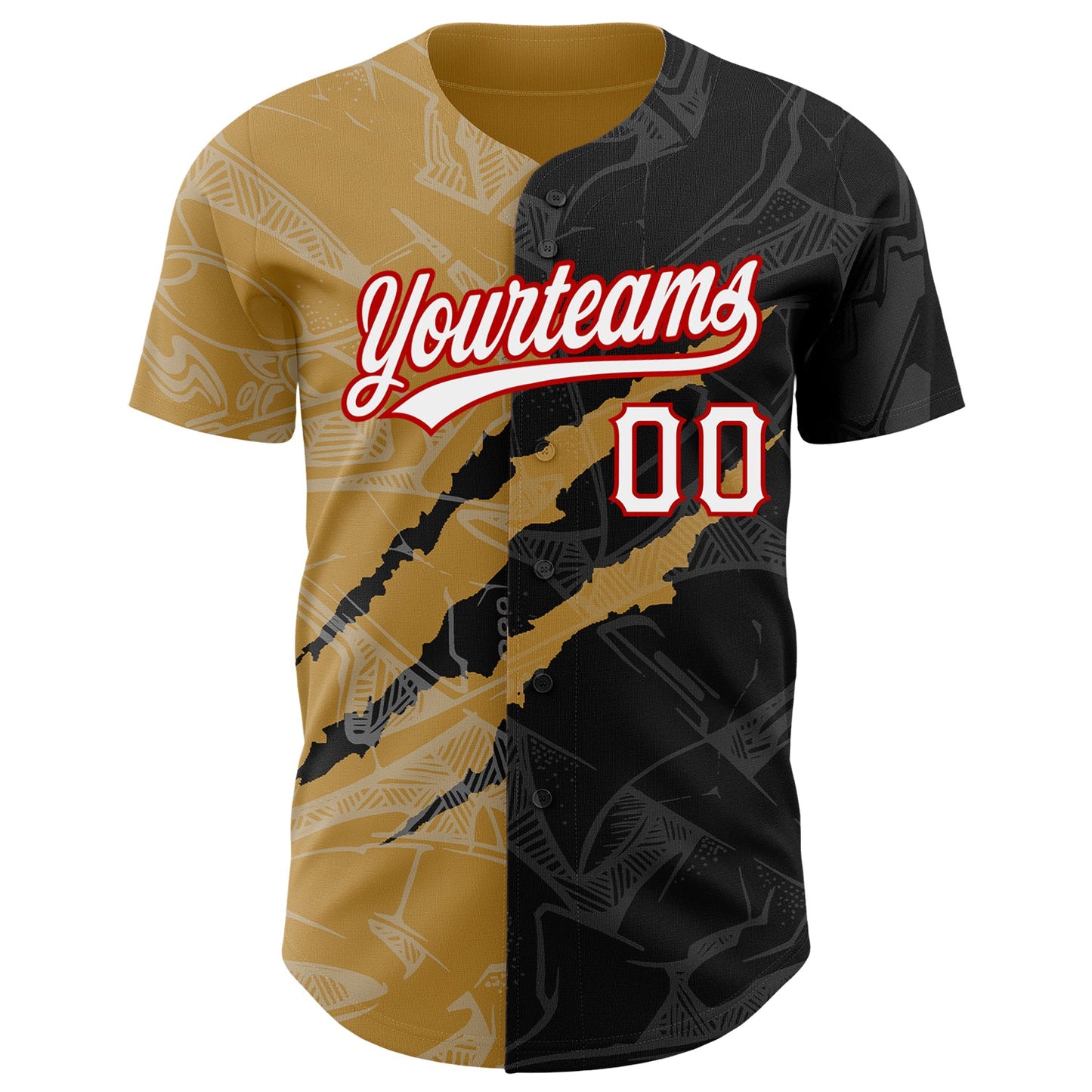 Custom Graffiti Pattern Black Old Gold-Red 3D Scratch Authentic Baseball Jersey view 2