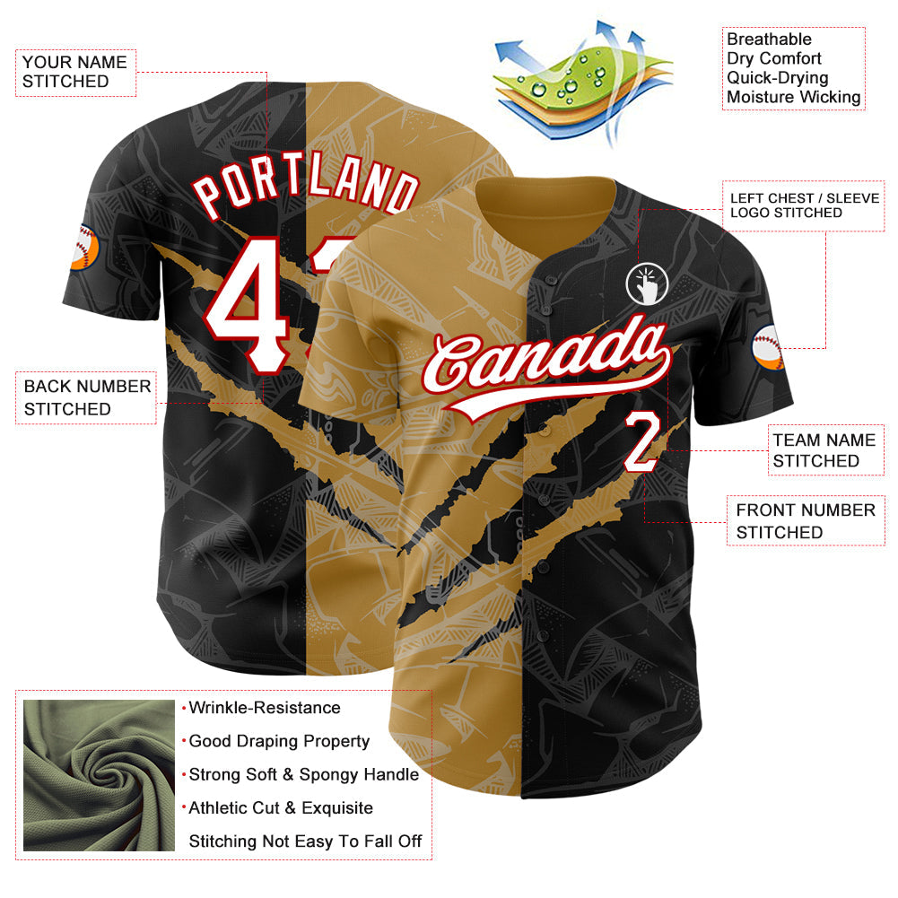 Custom Graffiti Pattern Black Old Gold-Red 3D Scratch Authentic Baseball Jersey view 3