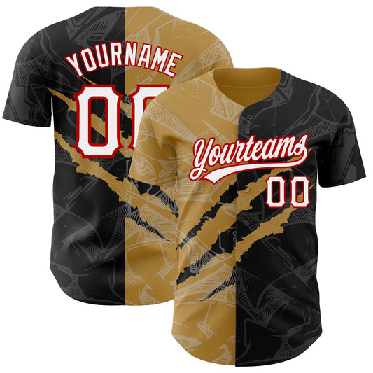 Custom Graffiti Pattern Black Old Gold-Red 3D Scratch Authentic Baseball Jersey - Main View