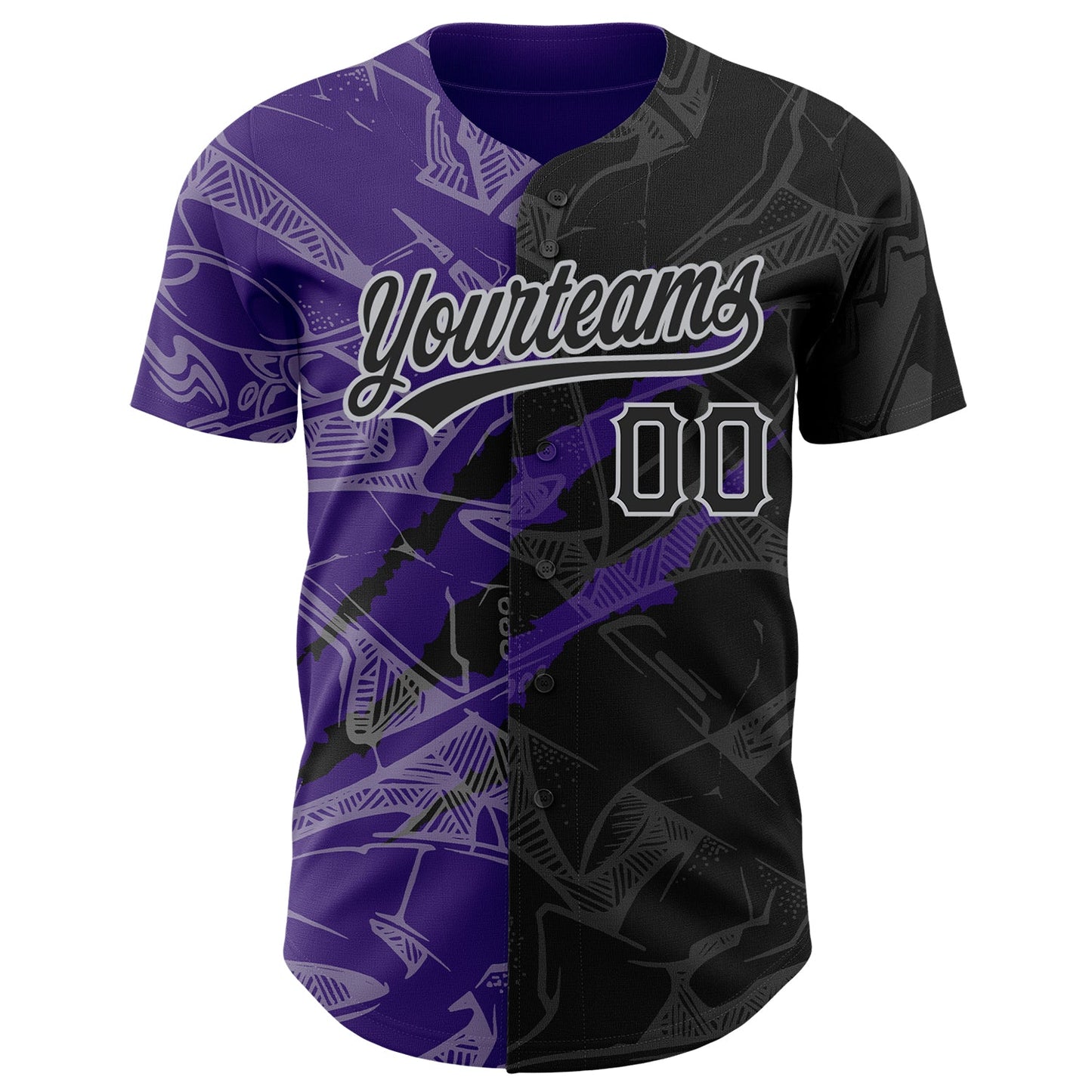 Custom Graffiti Pattern Black Purple-Gray 3D Scratch Authentic Baseball Jersey view 2