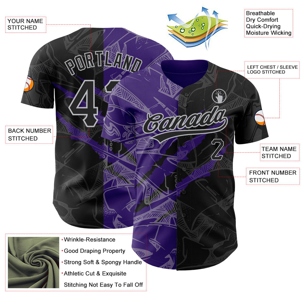 Custom Graffiti Pattern Black Purple-Gray 3D Scratch Authentic Baseball Jersey view 3