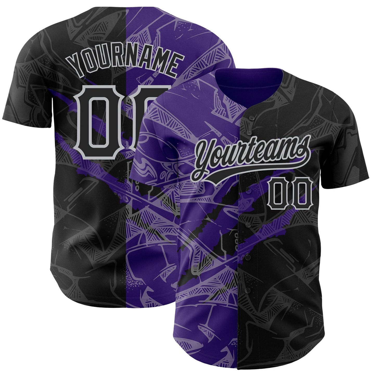 Custom Graffiti Pattern Black Purple-Gray 3D Scratch Authentic Baseball Jersey - Main View