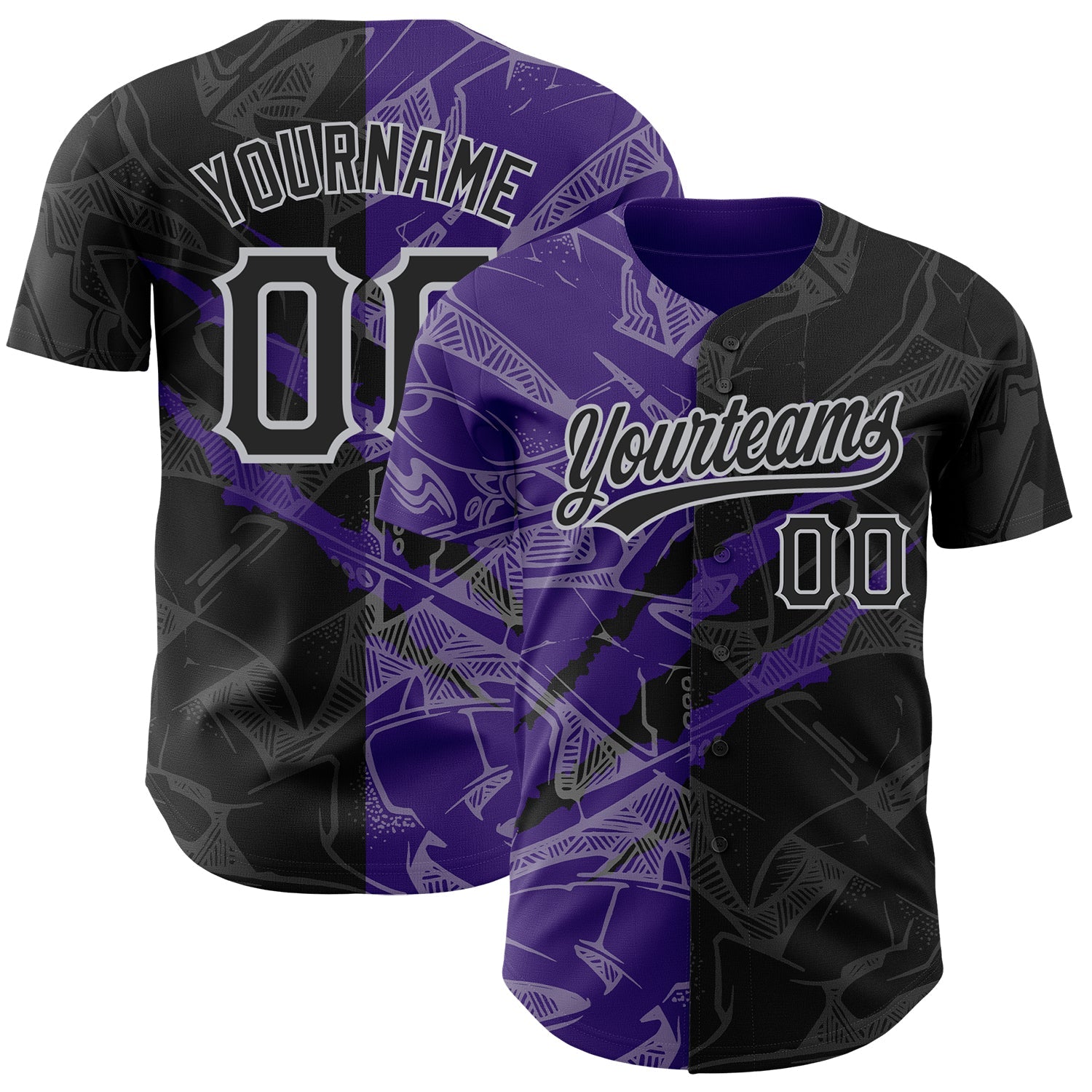 Custom Graffiti Pattern Black Purple-Gray 3D Scratch Authentic Baseball Jersey - Main View