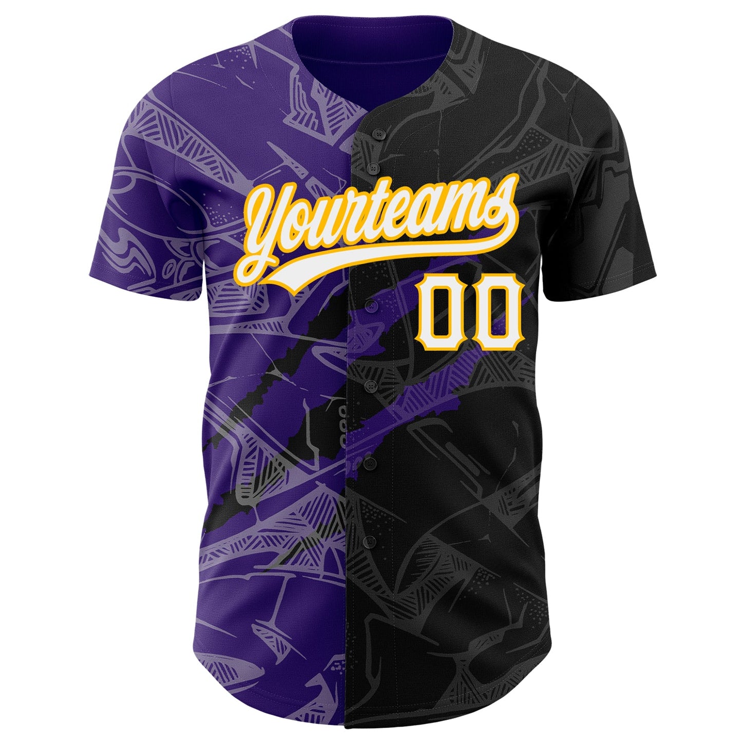 Custom Graffiti Pattern Black Purple-Gold 3D Scratch Authentic Baseball Jersey view 2