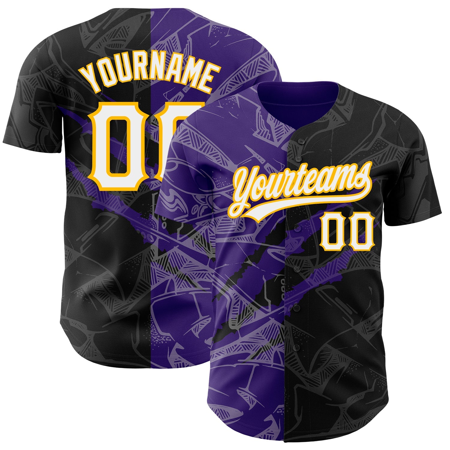 Custom Graffiti Pattern Black Purple-Gold 3D Scratch Authentic Baseball Jersey - Main View