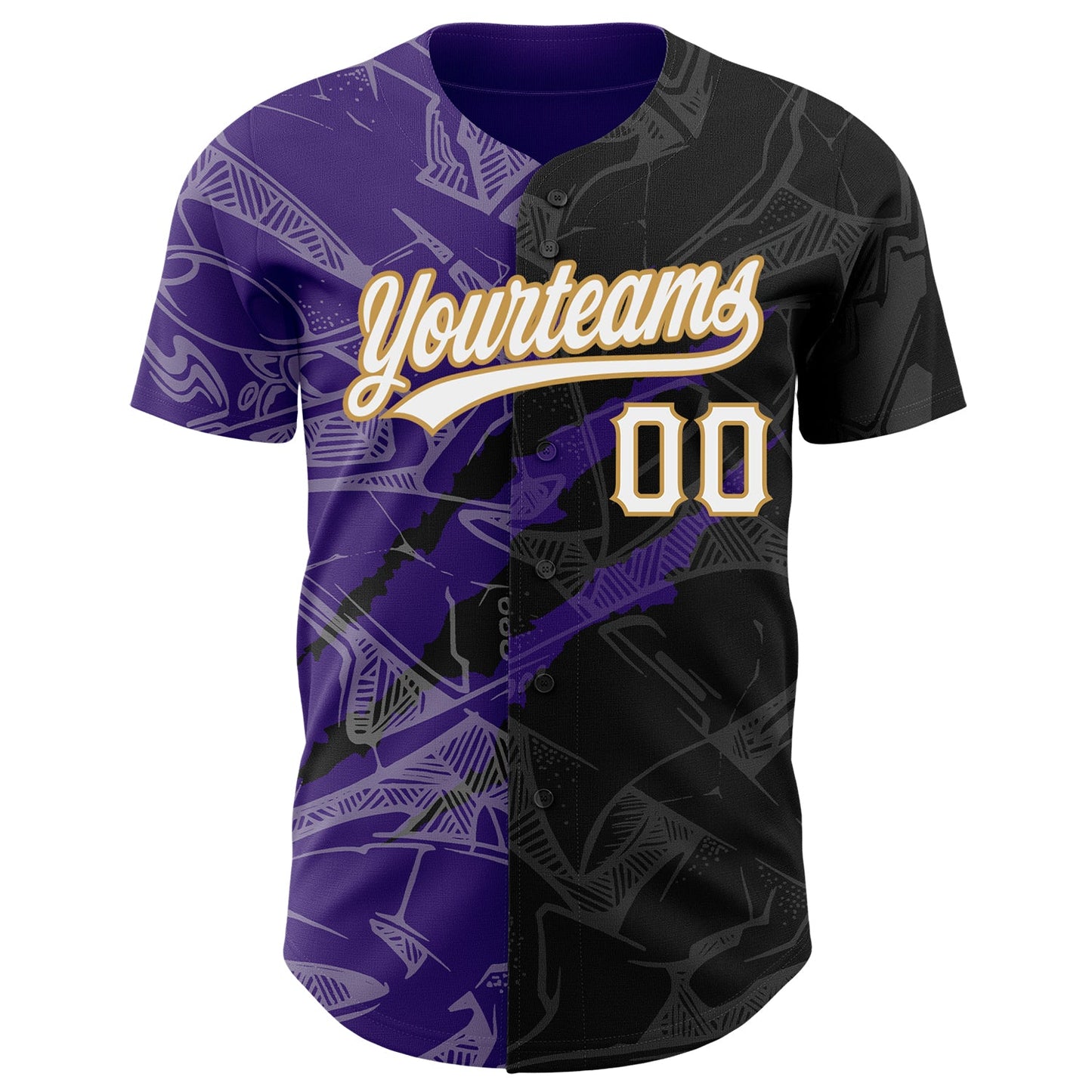 Custom Graffiti Pattern Black Purple-Old Gold 3D Scratch Authentic Baseball Jersey view 2