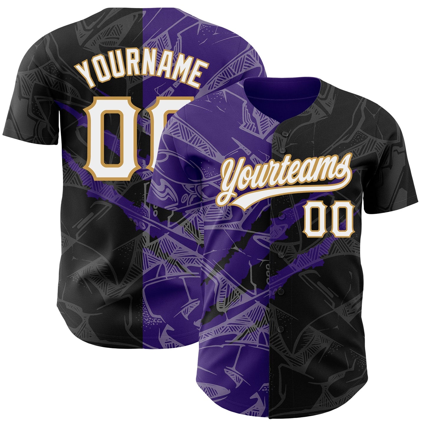 Custom Graffiti Pattern Black Purple-Old Gold 3D Scratch Authentic Baseball Jersey - Main View