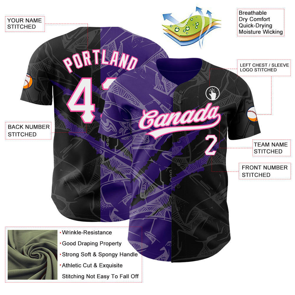 Custom Graffiti Pattern Black Purple-Pink 3D Scratch Authentic Baseball Jersey view 3