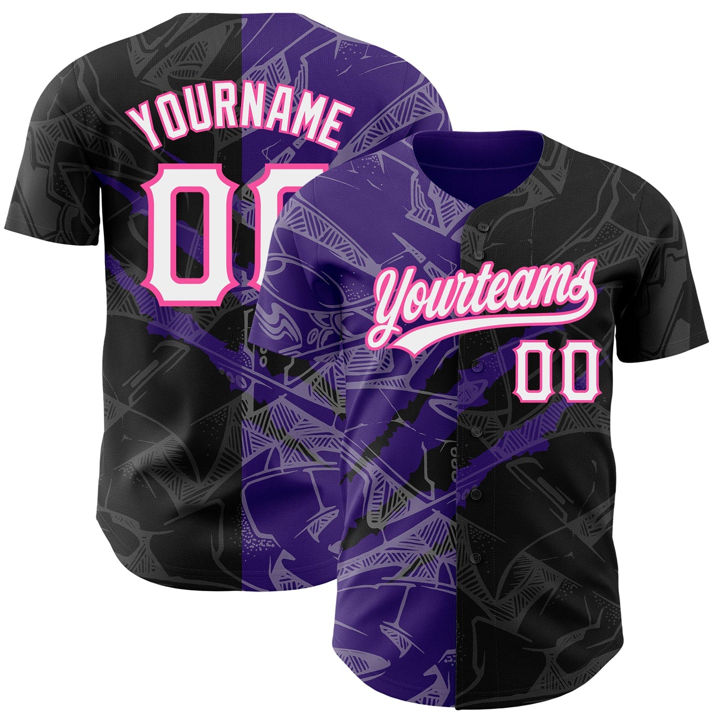 Custom Graffiti Pattern Black Purple-Pink 3D Scratch Authentic Baseball Jersey - Main View