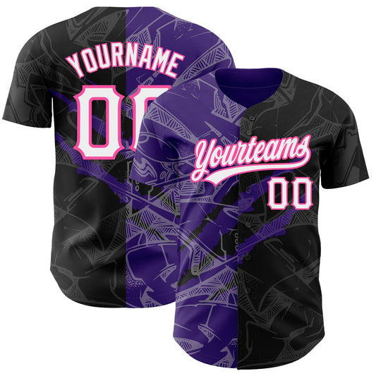 Custom Graffiti Pattern Black Purple-Pink 3D Scratch Authentic Baseball Jersey - Main View