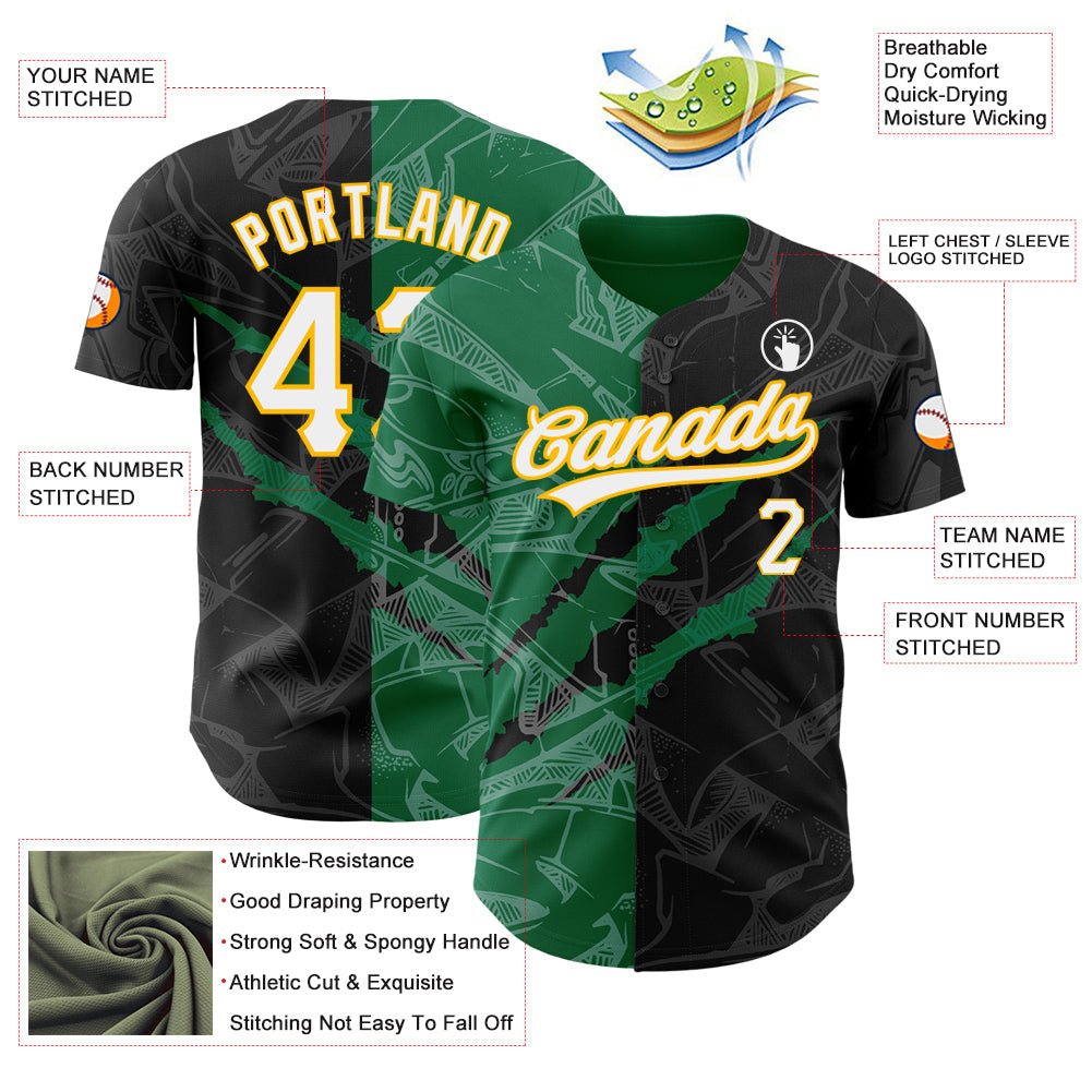 Custom Graffiti Pattern Black Kelly Green-Gold 3D Scratch Authentic Baseball Jersey view 3
