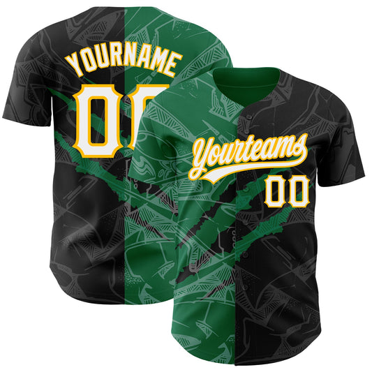 Custom Graffiti Pattern Black Kelly Green-Gold 3D Scratch Authentic Baseball Jersey - Main View