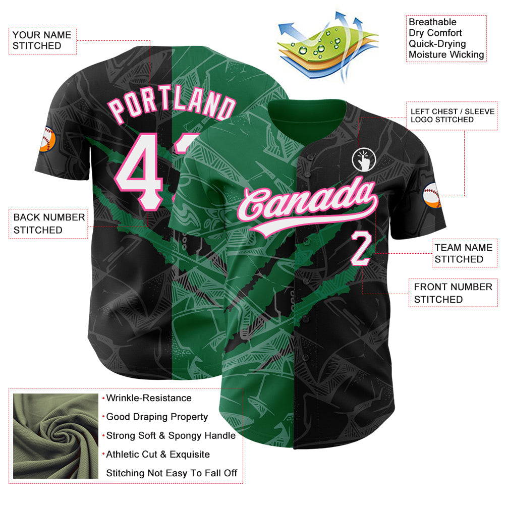 Custom Graffiti Pattern Black Kelly Green-Pink 3D Scratch Authentic Baseball Jersey view 3