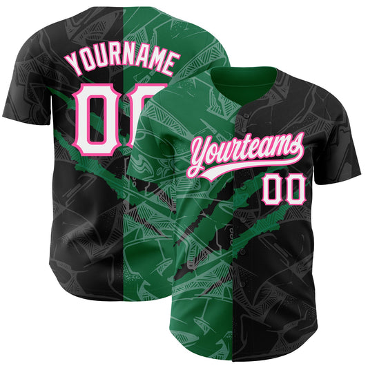 Custom Graffiti Pattern Black Kelly Green-Pink 3D Scratch Authentic Baseball Jersey - Main View