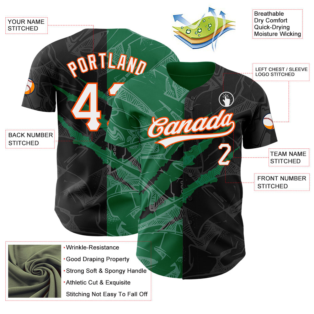 Custom Graffiti Pattern Black Kelly Green-Orange 3D Scratch Authentic Baseball Jersey view 4