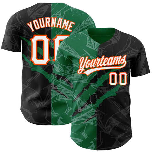 Custom Graffiti Pattern Black Kelly Green-Orange 3D Scratch Authentic Baseball Jersey - Main View
