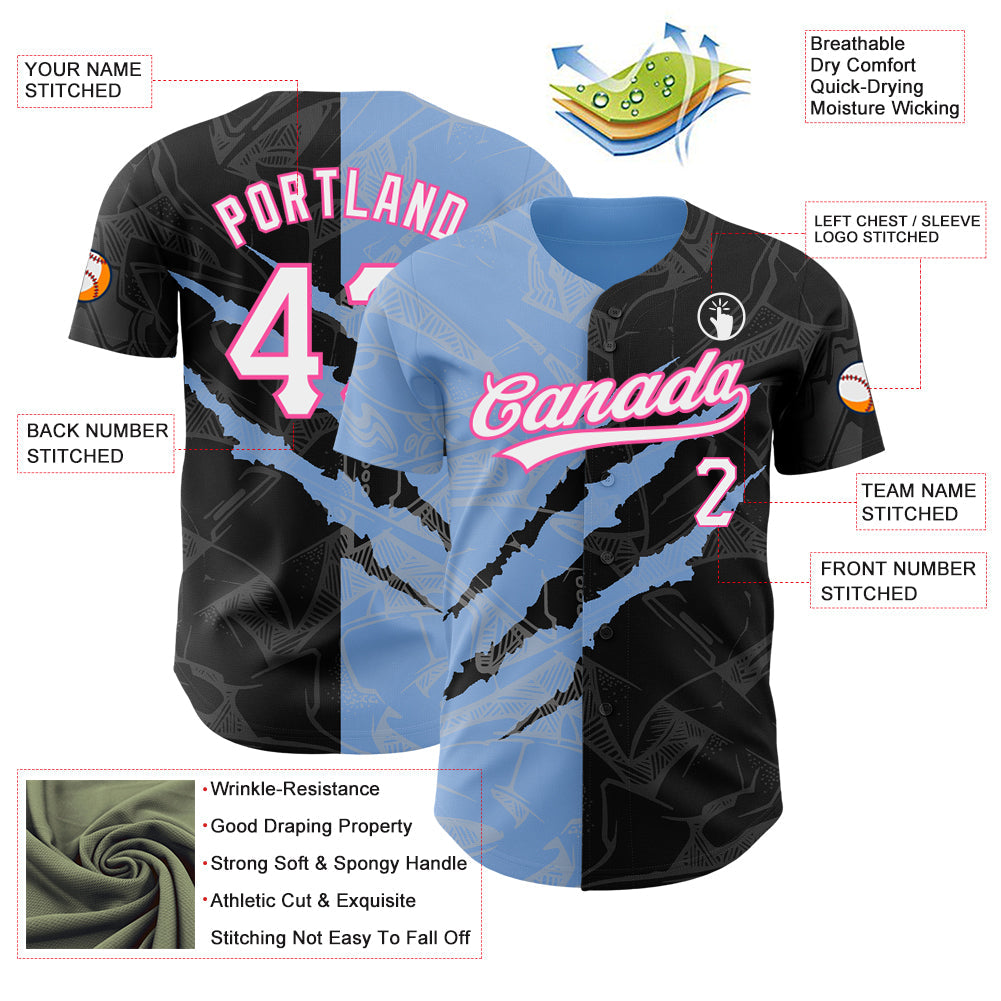 Custom Graffiti Pattern Black Light Blue-Pink 3D Scratch Authentic Baseball Jersey view 3