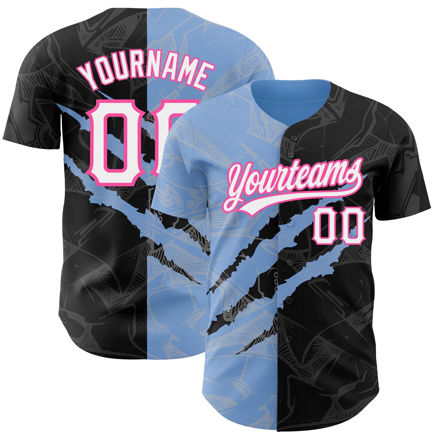 Custom Graffiti Pattern Black Light Blue-Pink 3D Scratch Authentic Baseball Jersey - Main View