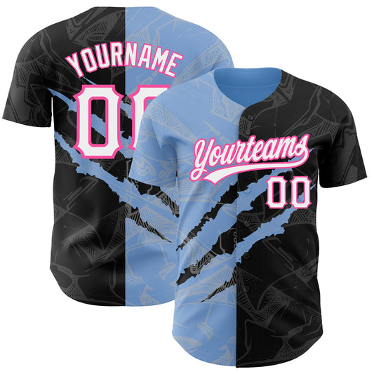 Custom Graffiti Pattern Black Light Blue-Pink 3D Scratch Authentic Baseball Jersey - Main View