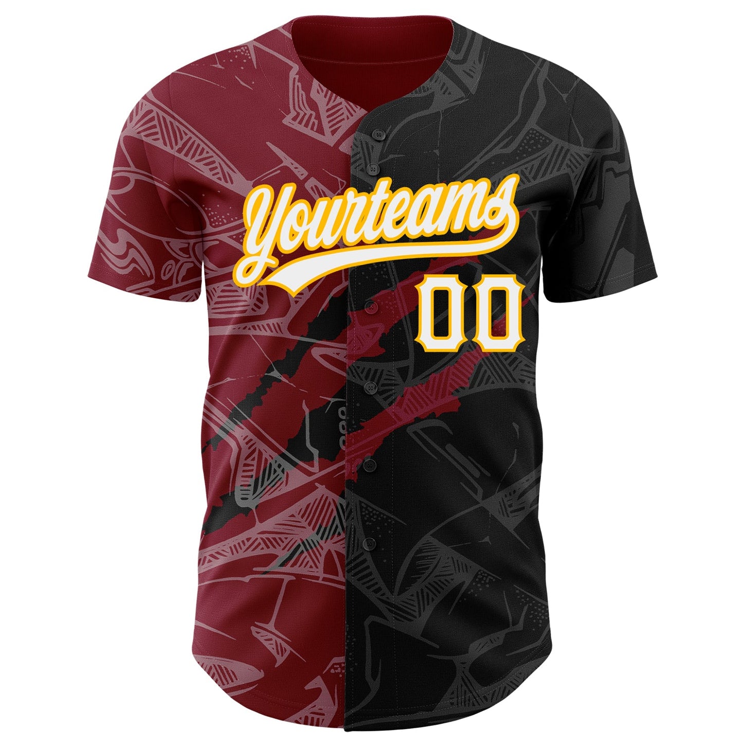 Custom Graffiti Pattern Black Crimson-Gold 3D Scratch Authentic Baseball Jersey view 2