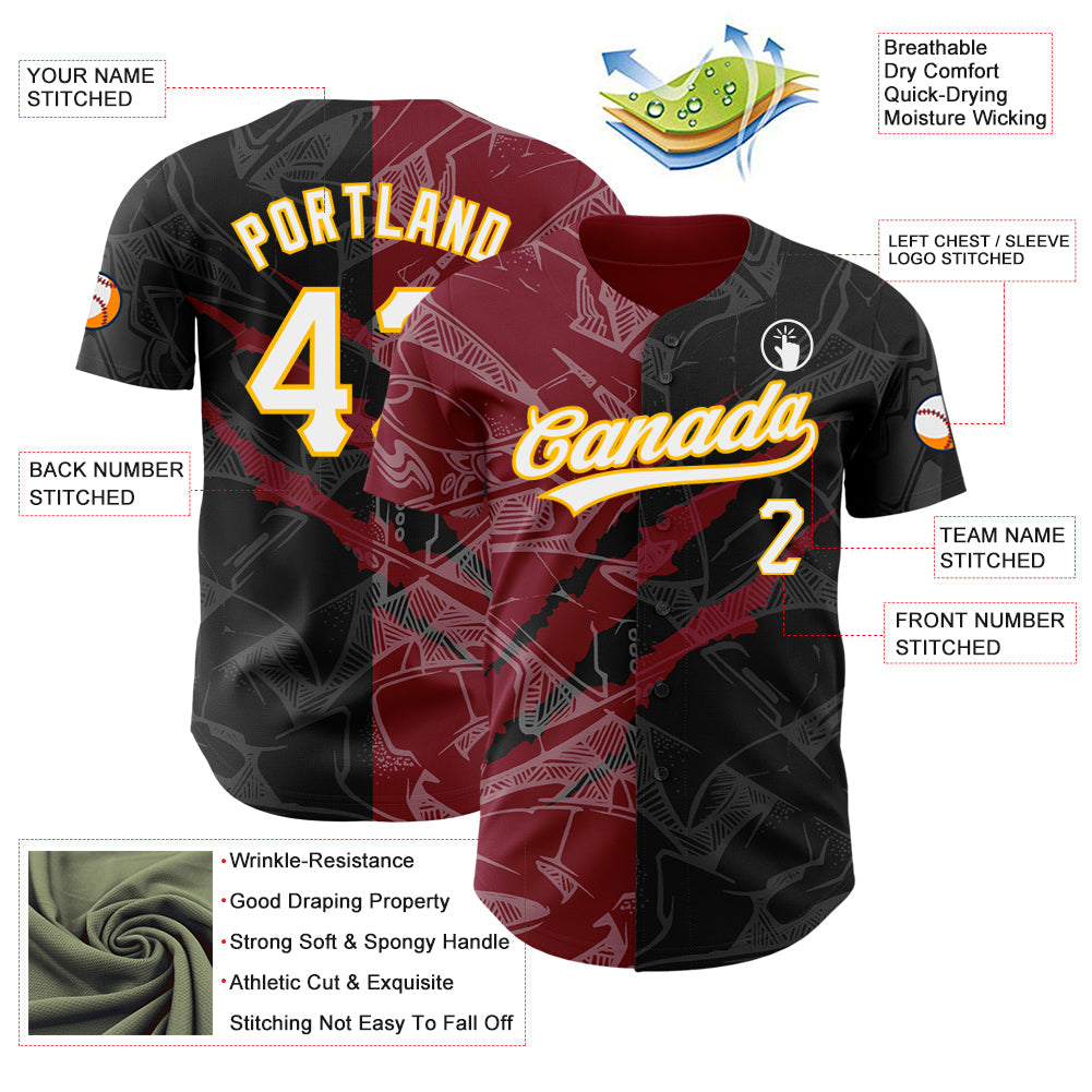 Custom Graffiti Pattern Black Crimson-Gold 3D Scratch Authentic Baseball Jersey view 3