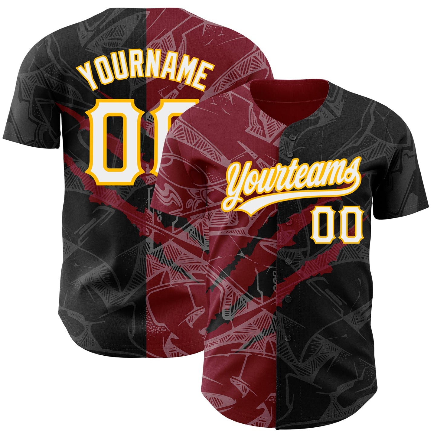 Custom Graffiti Pattern Black Crimson-Gold 3D Scratch Authentic Baseball Jersey - Main View