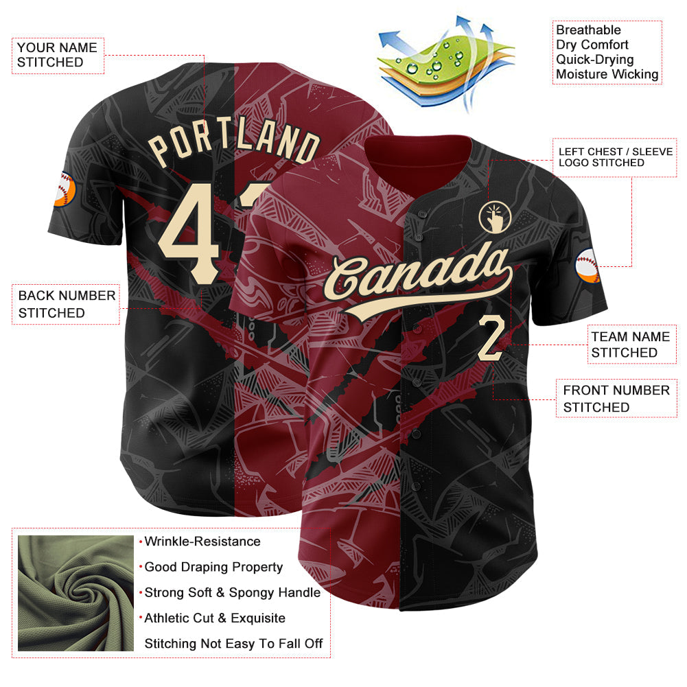 Custom Graffiti Pattern City Cream Black-Crimson 3D Scratch Authentic Baseball Jersey view 3