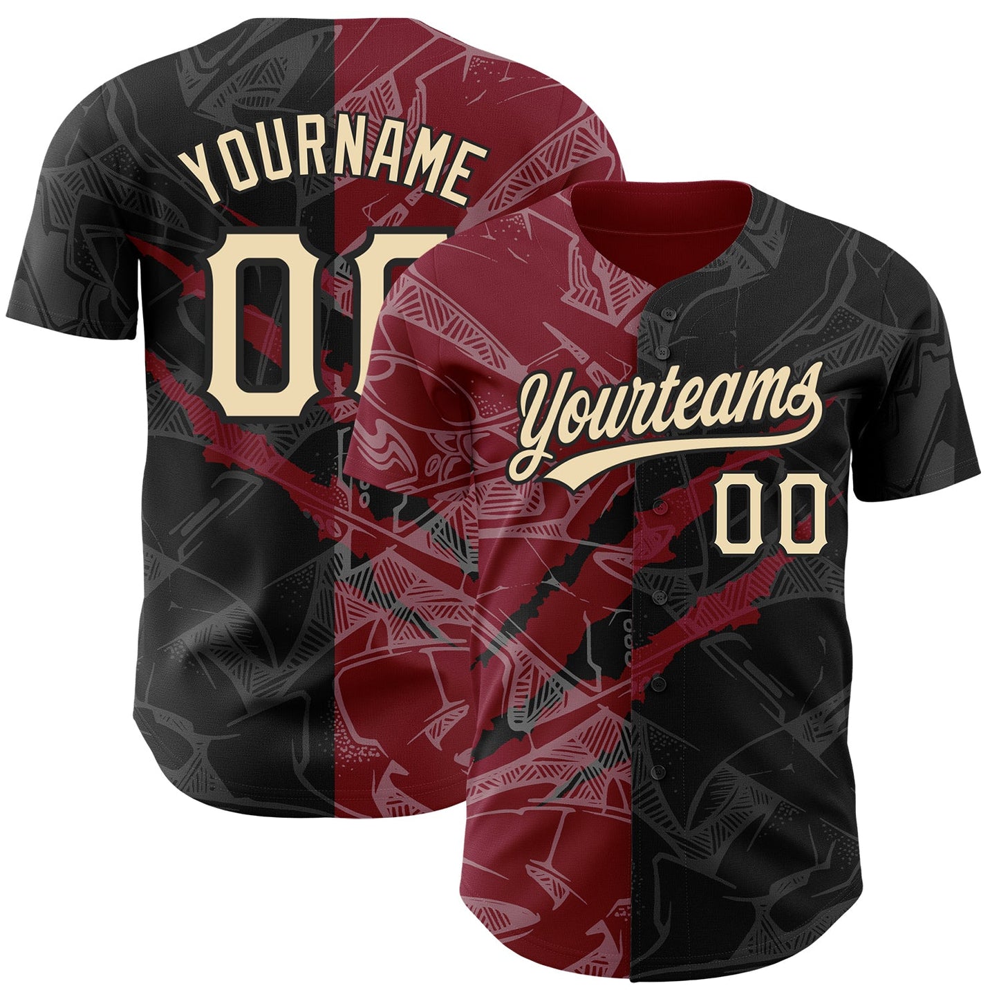 Custom Graffiti Pattern City Cream Black-Crimson 3D Scratch Authentic Baseball Jersey - Main View