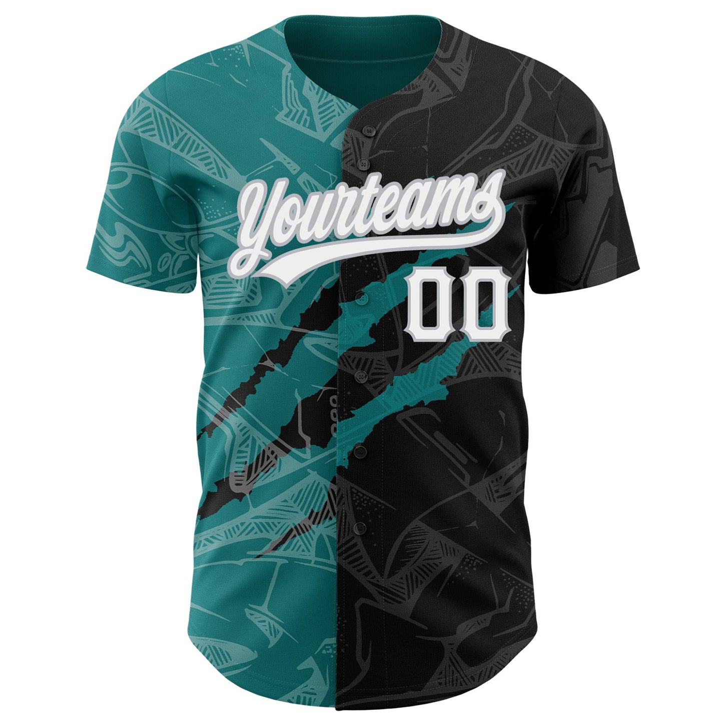 Custom Graffiti Pattern Black Teal-Gray 3D Scratch Authentic Baseball Jersey view 2