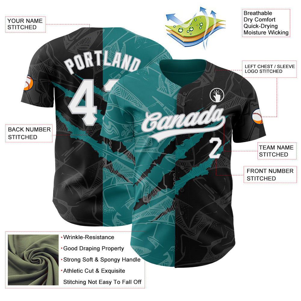 Custom Graffiti Pattern Black Teal-Gray 3D Scratch Authentic Baseball Jersey view 3