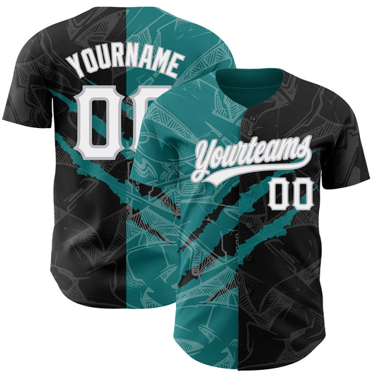 Custom Graffiti Pattern Black Teal-Gray 3D Scratch Authentic Baseball Jersey - Main View