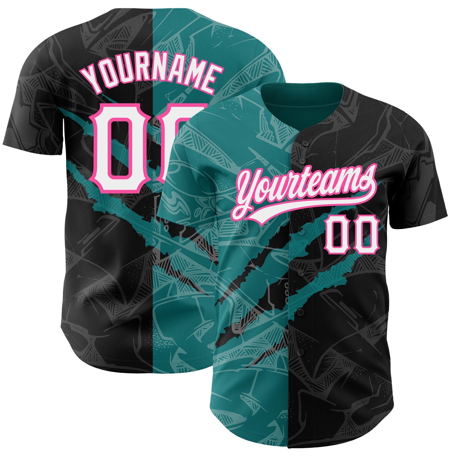 Custom Graffiti Pattern Black Teal-Pink 3D Scratch Authentic Baseball Jersey - Main View