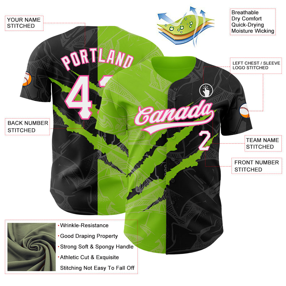 Custom Graffiti Pattern Black Neon Green-Pink 3D Scratch Authentic Baseball Jersey view 3