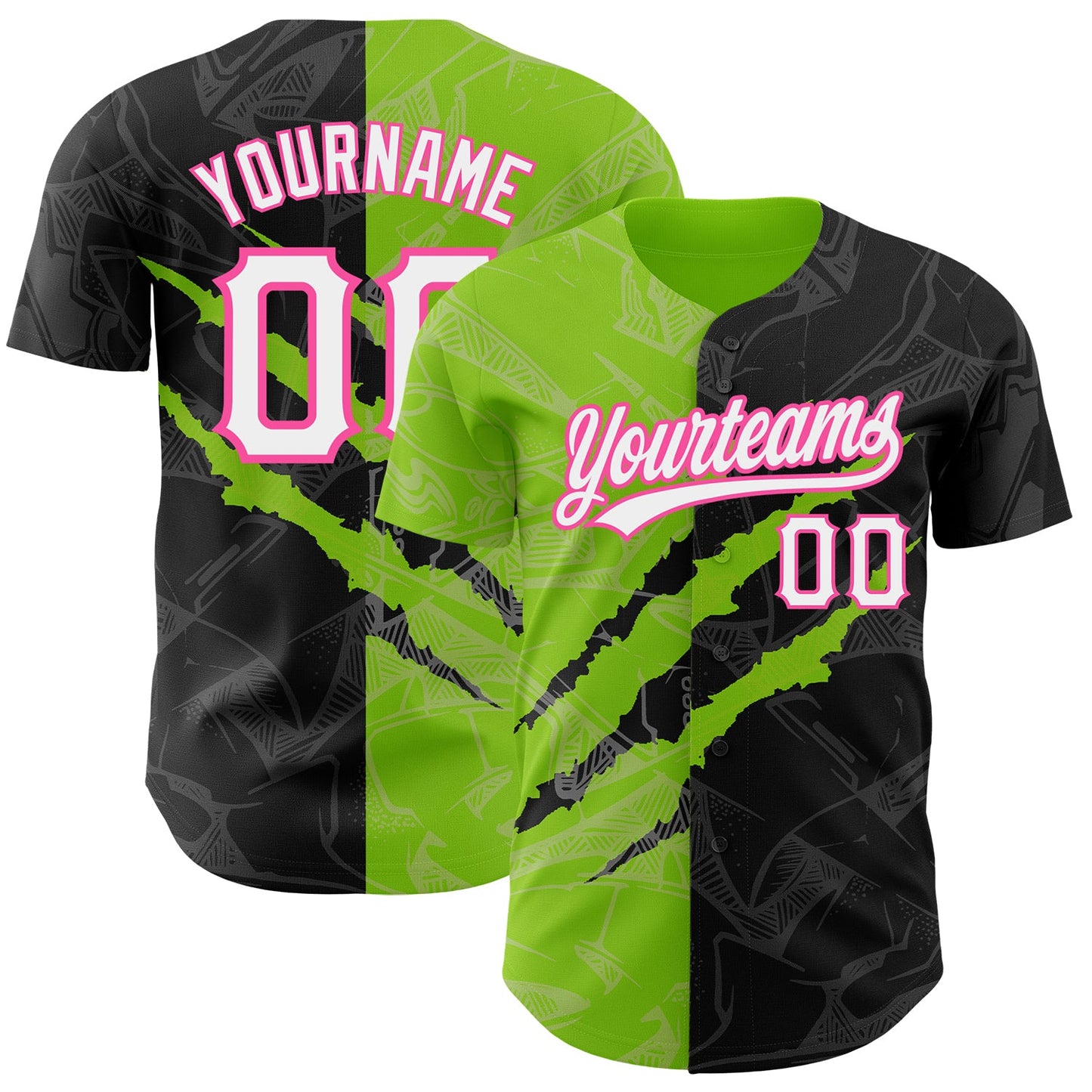 Custom Graffiti Pattern Black Neon Green-Pink 3D Scratch Authentic Baseball Jersey - Main View