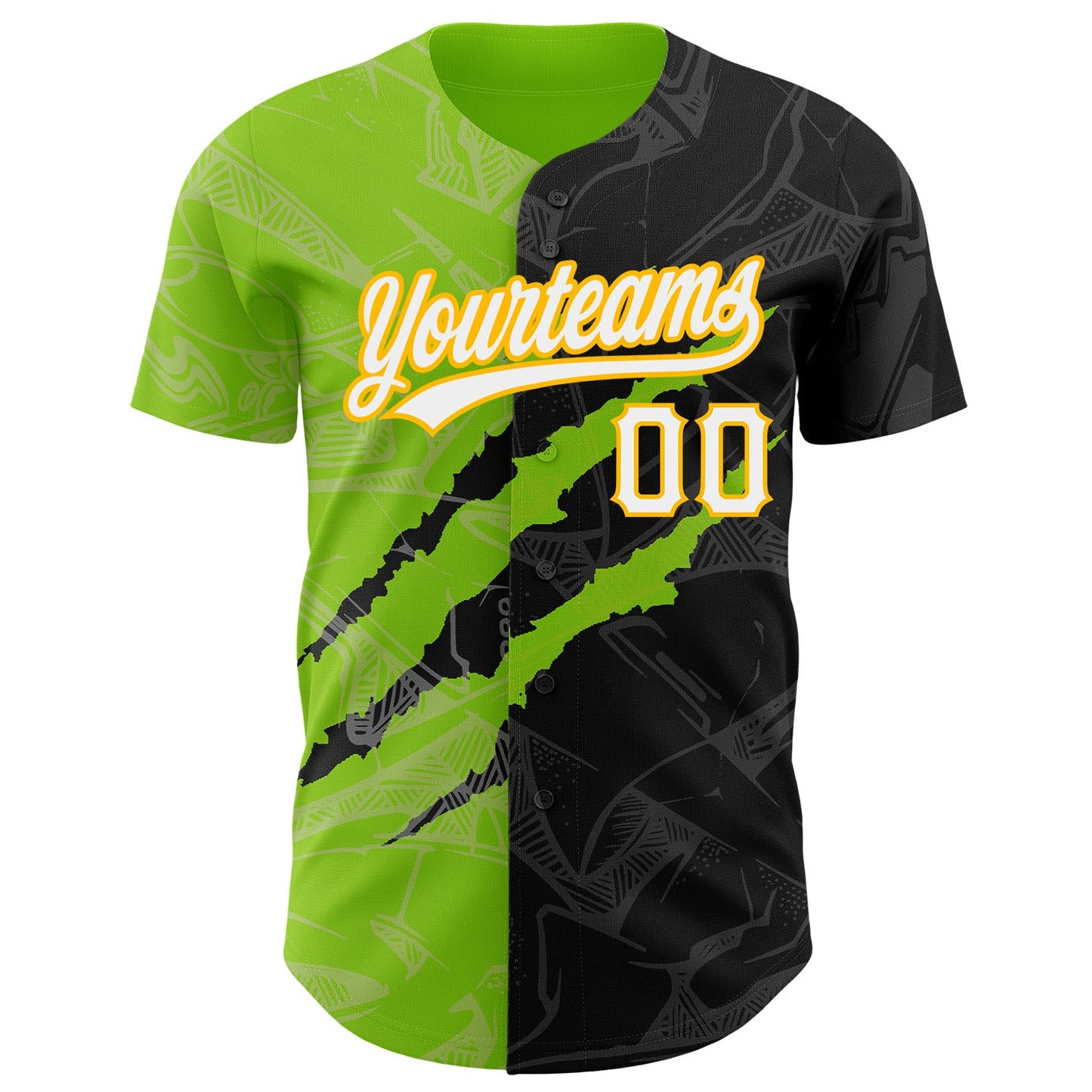 Custom Graffiti Pattern Black Neon Green-Gold 3D Scratch Authentic Baseball Jersey view 2