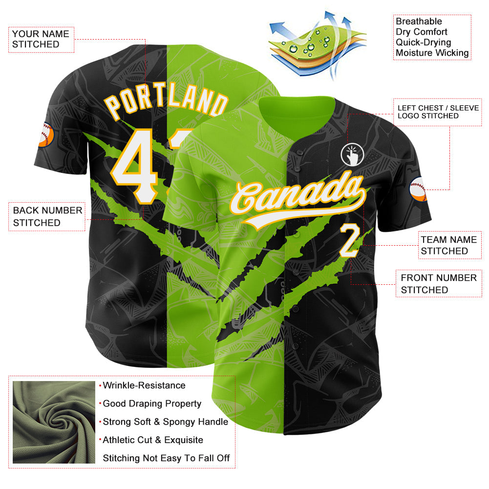 Custom Graffiti Pattern Black Neon Green-Gold 3D Scratch Authentic Baseball Jersey view 3