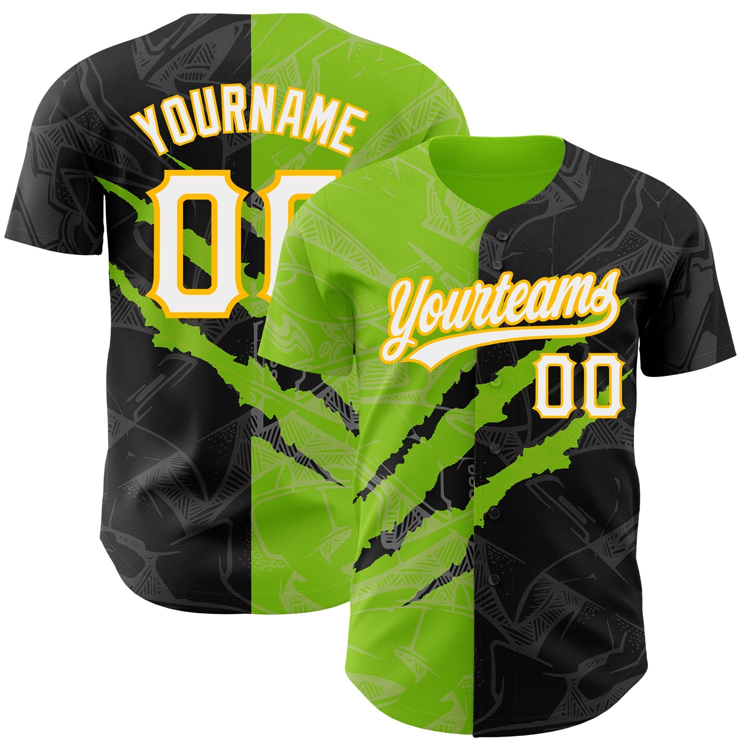 Custom Graffiti Pattern Black Neon Green-Gold 3D Scratch Authentic Baseball Jersey - Main View