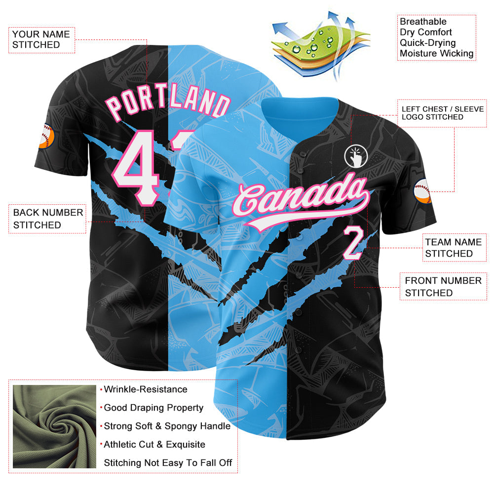 Custom Graffiti Pattern Black Sky Blue-Pink 3D Scratch Authentic Baseball Jersey view 3