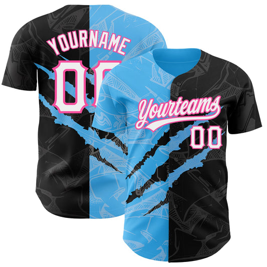 Custom Graffiti Pattern Black Sky Blue-Pink 3D Scratch Authentic Baseball Jersey - Main View