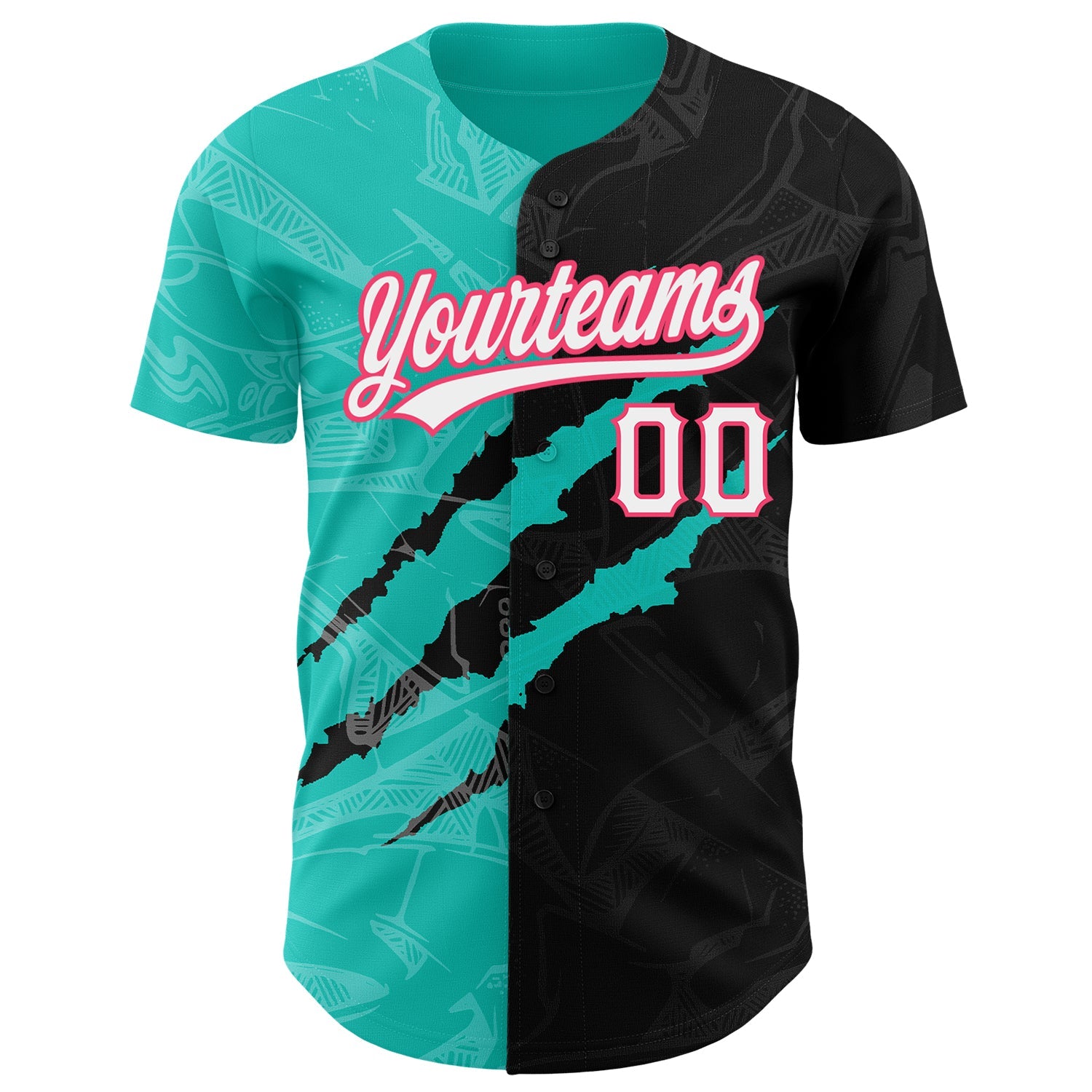 Custom Graffiti Pattern Black Aqua-Neon Pink 3D Scratch Authentic Baseball Jersey view 2