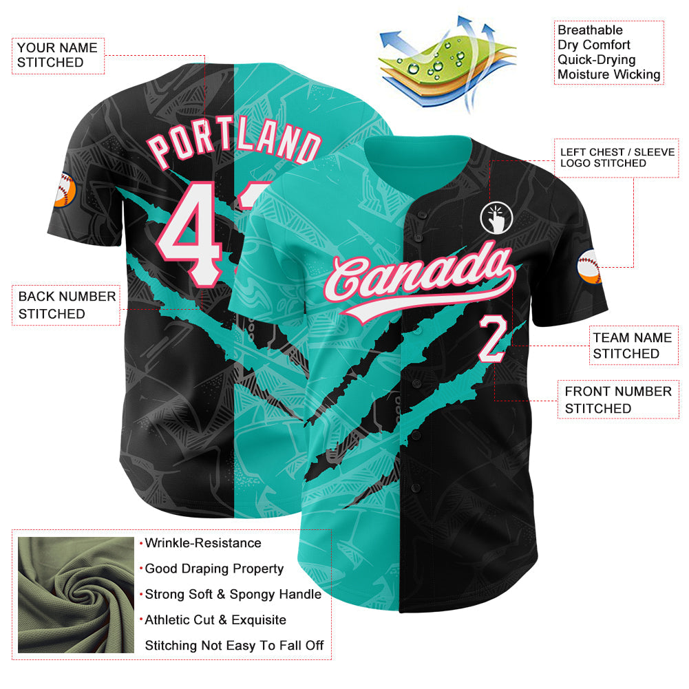 Custom Graffiti Pattern Black Aqua-Neon Pink 3D Scratch Authentic Baseball Jersey view 3