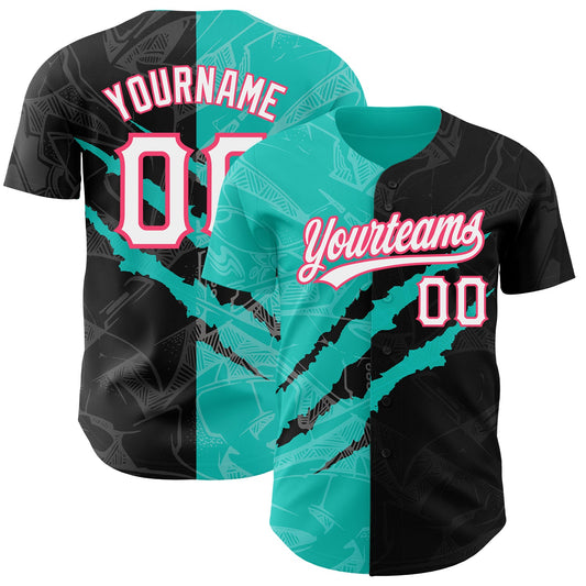 Custom Graffiti Pattern Black Aqua-Neon Pink 3D Scratch Authentic Baseball Jersey - Main View