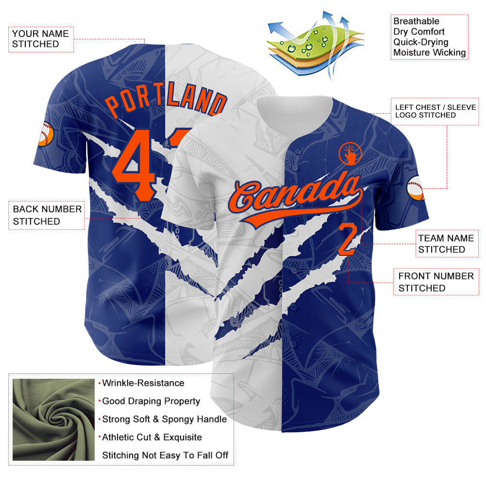Custom Graffiti Pattern Orange-Royal 3D Scratch Authentic Baseball Jersey view 3