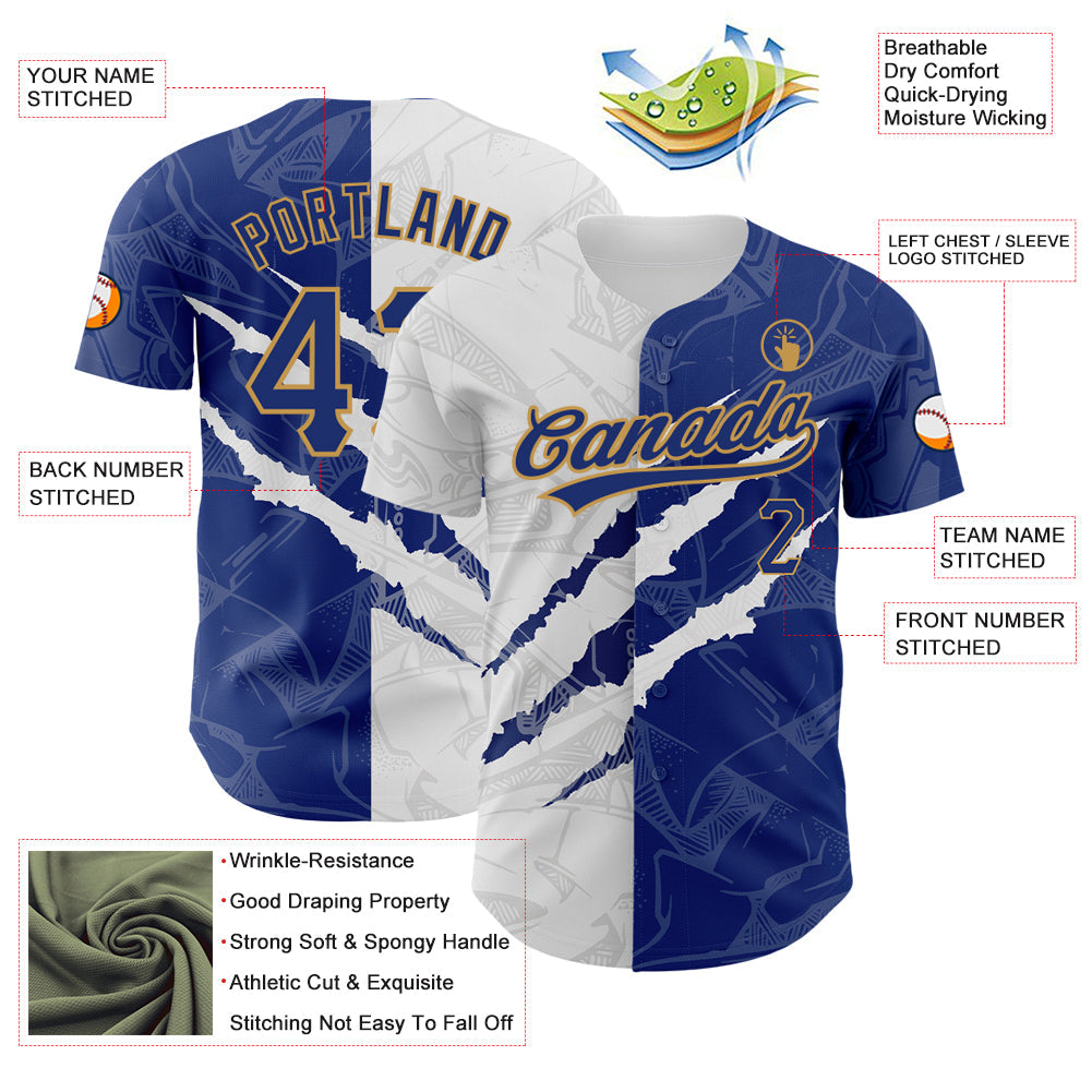 Custom Graffiti Pattern Royal-Old Gold 3D Scratch Authentic Baseball Jersey view 3