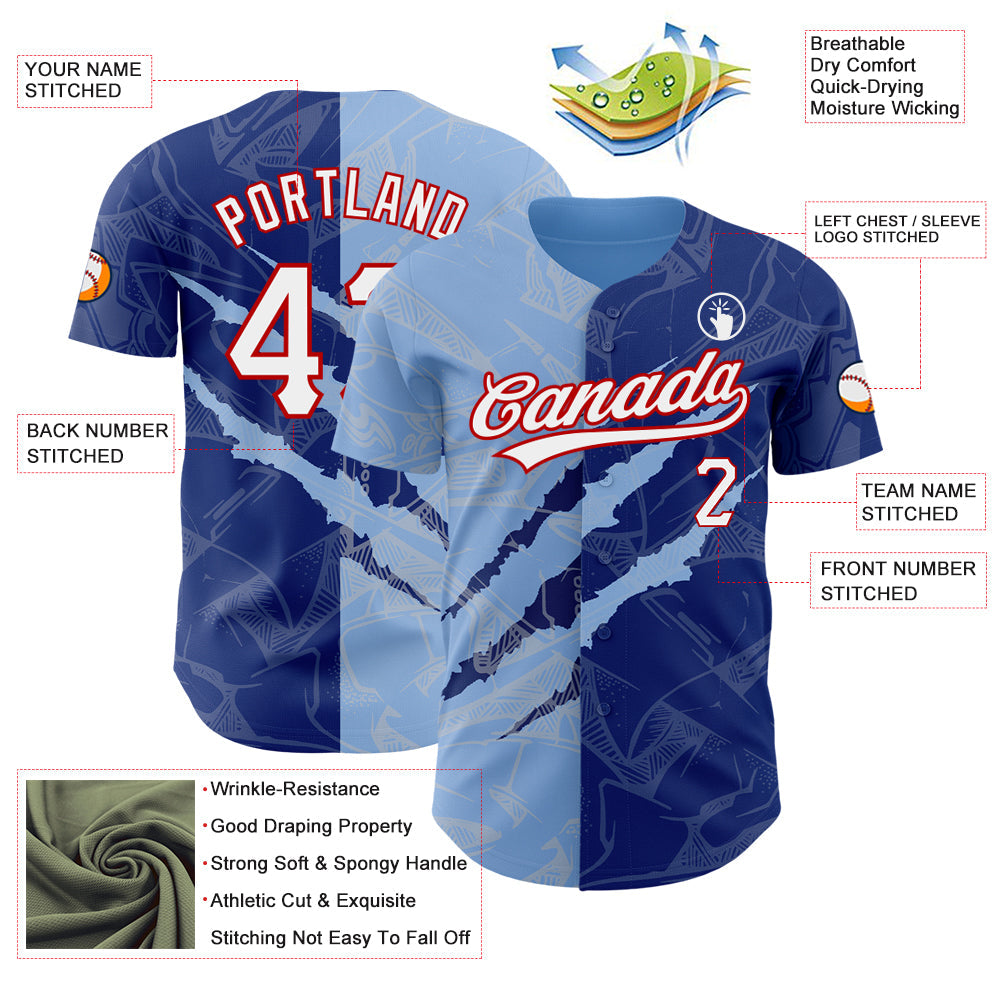 Custom Graffiti Pattern Royal Light Blue-Red 3D Scratch Authentic Baseball Jersey view 3