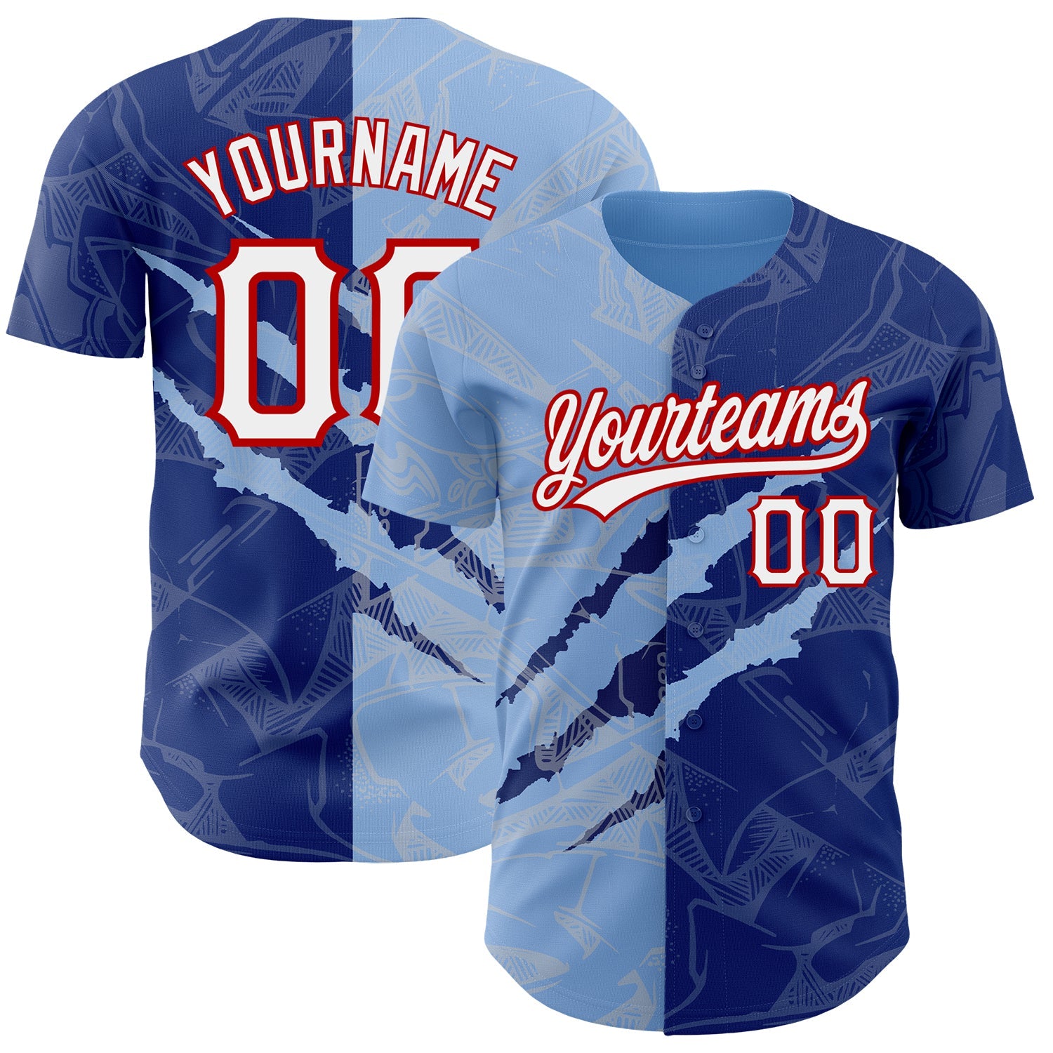 Custom Graffiti Pattern Royal Light Blue-Red 3D Scratch Authentic Baseball Jersey - Main View